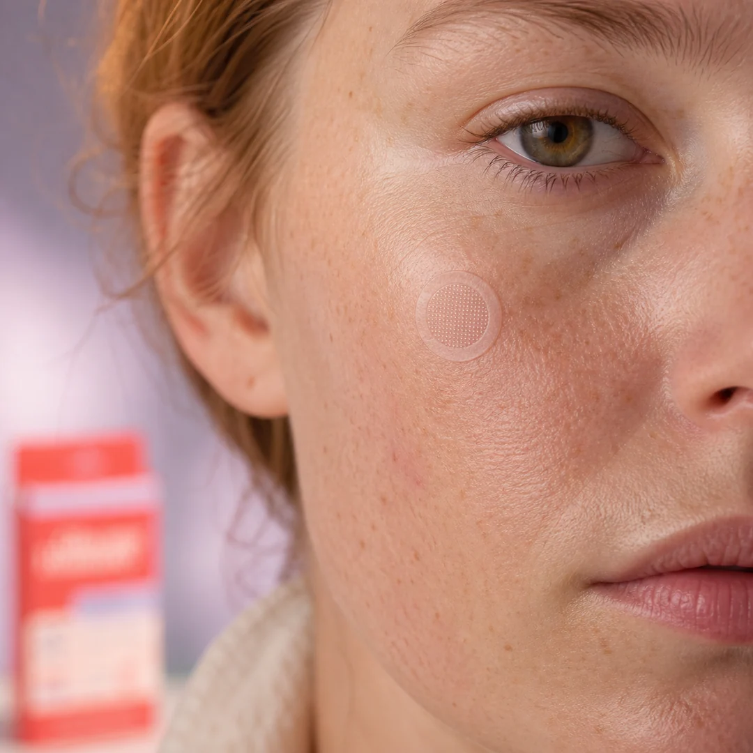 Close-up of a translucent round patch on freckled skin