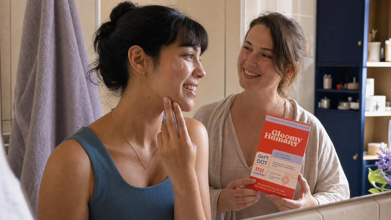 Two friends getting ready together in a warm bathroom setting