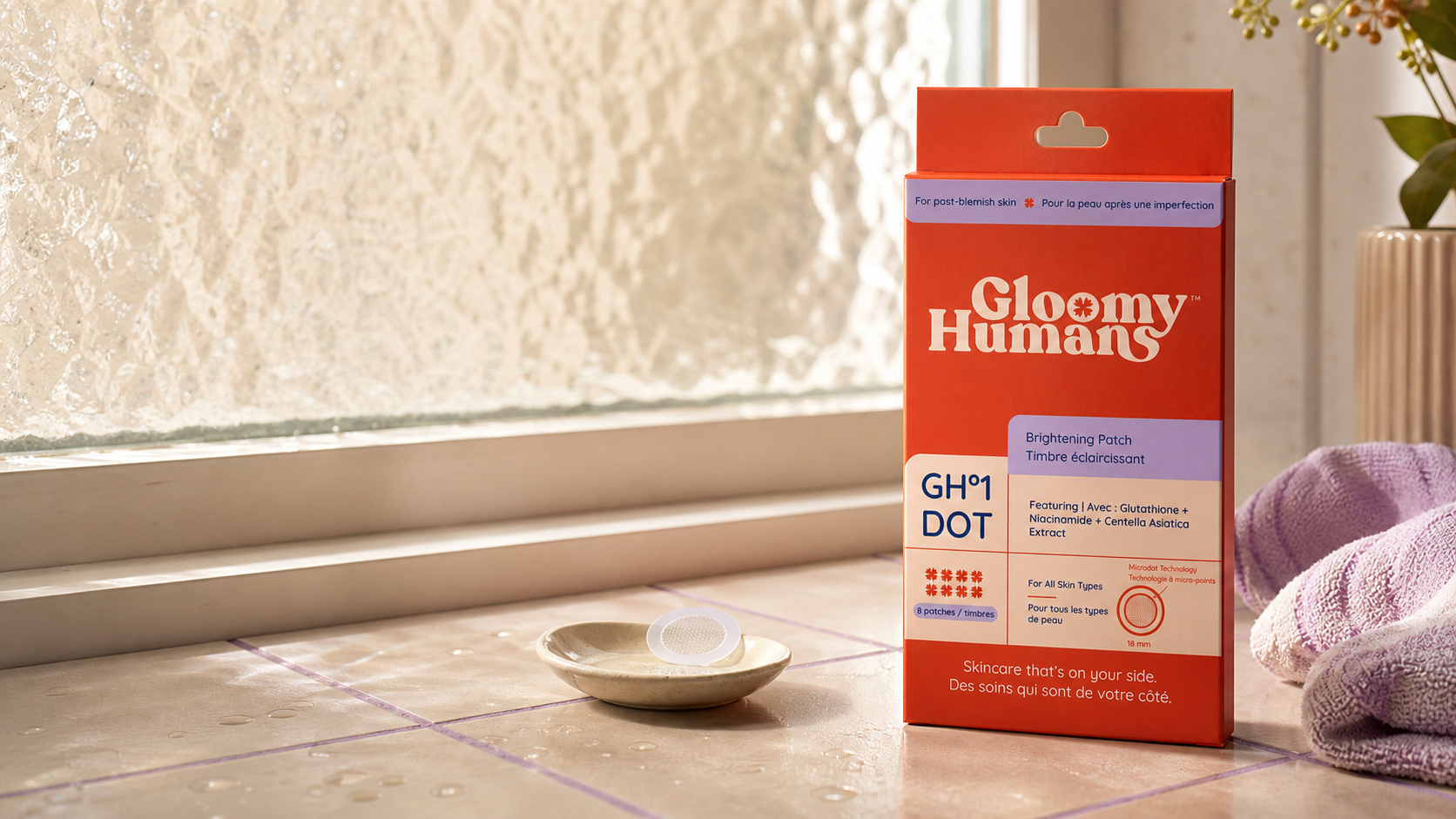 GH°1 DOT package and a round patch on a warm sunlit bathroom shelf
