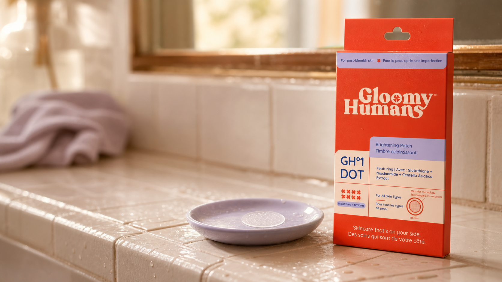 GH°1 DOT package on a wet bathroom ledge in warm morning light
